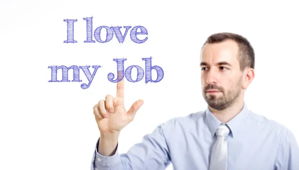 I love my job - Young businessman with blue text — Stock Photo, Image