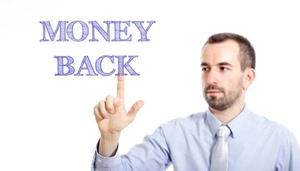 Geld zurück - Jungunternehmer mit blauem Schriftzug — Stockfoto
