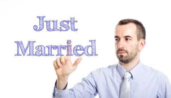 Just Married - Young businessman with blue text — Stock Photo, Image