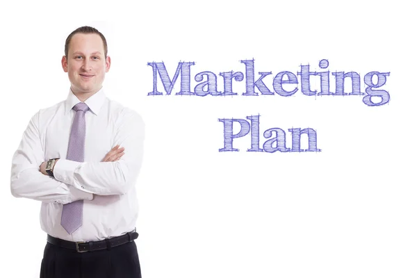 Plan de Marketing - Joven hombre de negocios con texto azul — Foto de Stock