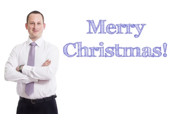 Merry Christmas! - Young businessman with blue text — Stock Photo, Image