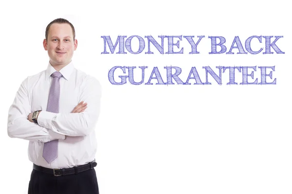 Pengarna tillbaka-garanti - ung affärsman med blå text — Stockfoto