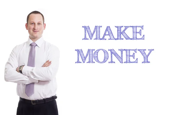 Vydělat peníze - mladý podnikatel s modrým textem — Stock fotografie
