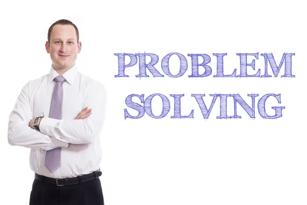 Resolução de problemas - Jovem empresário com texto azul — Fotografia de Stock