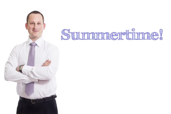 Літній час - молодий бізнесмен з синім текстом — стокове фото