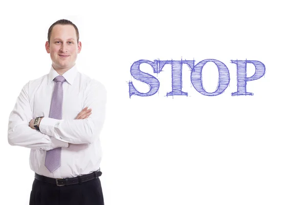 Stop - Jungunternehmer mit blauem Text — Stockfoto