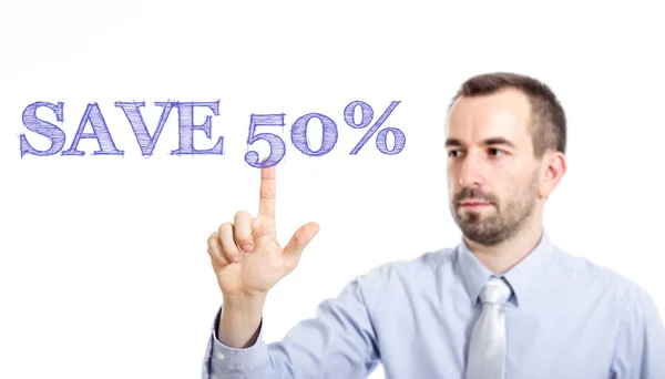 Экономия 50 процентов - Молодой бизнесмен с синим текстом — стоковое фото
