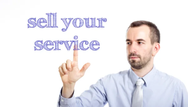 Sell your service - Jungunternehmer mit blauem Text — Stockfoto