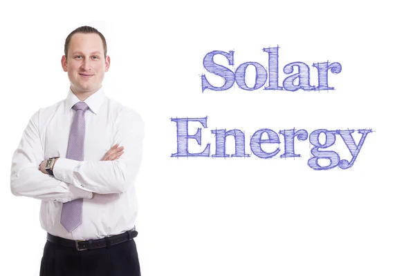 Energia Solar - Jovem empresário com texto azul — Fotografia de Stock
