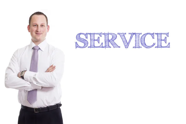 Service - Young businessman with blue text — Stock Photo, Image