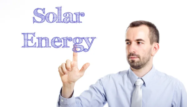 Energia Solar - Jovem empresário com texto azul — Fotografia de Stock