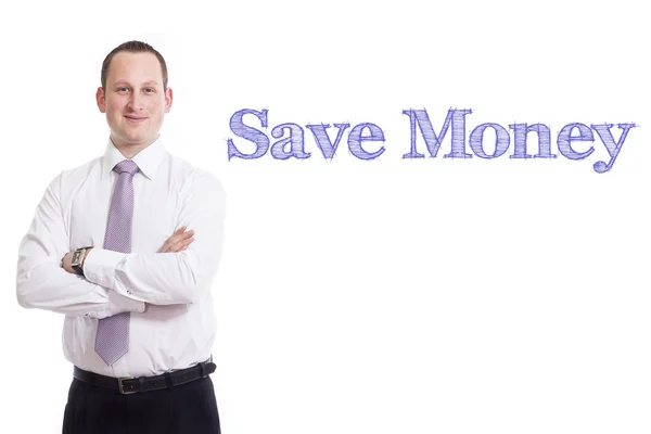 SAVE MONEY - Jovem empresário com texto azul — Fotografia de Stock