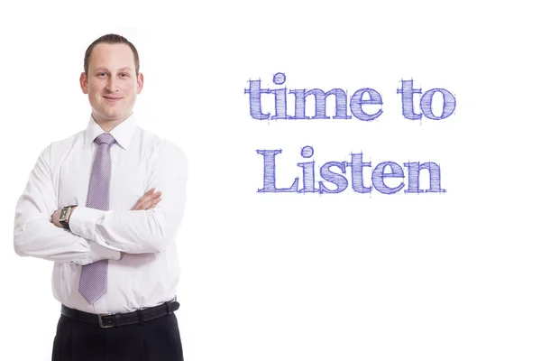 Время слушать - Молодой бизнесмен с синим текстом — стоковое фото