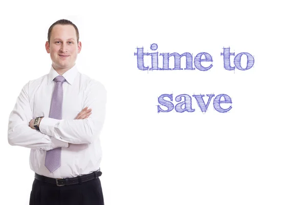Zeit zum Sparen - Jungunternehmer mit blauem Text — Stockfoto