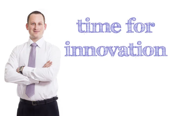 Dags för innovation - ung affärsman med blå text — Stockfoto