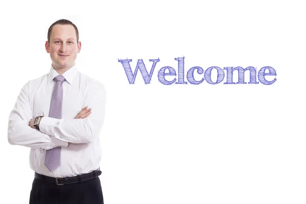 Bem-vindo - Jovem empresário com texto azul — Fotografia de Stock