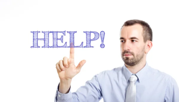 HELP! - Young businessman with blue text — Stock Photo, Image