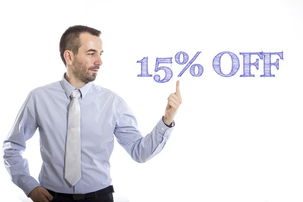 15% скидка - Молодой бизнесмен с синим текстом — стоковое фото