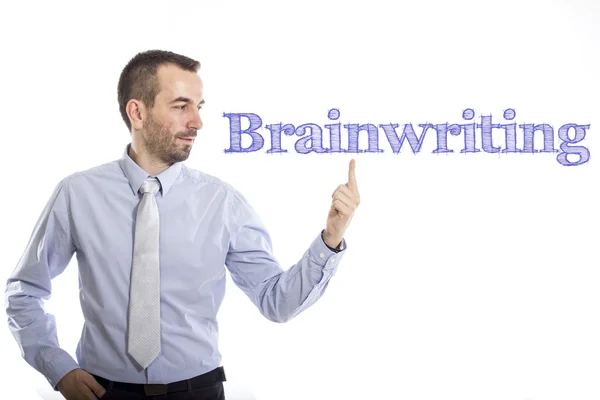 Brainwriting - Joven hombre de negocios con texto azul —  Fotos de Stock
