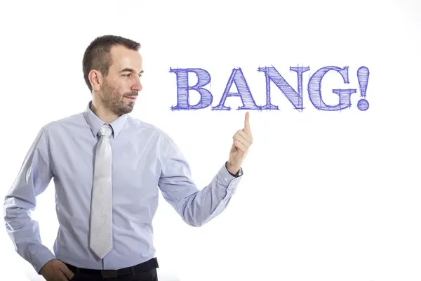 Bang! -Fiatal üzletember, kék szöveggel — Stock Fotó