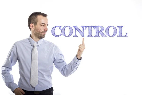 Controle - Jovem empresário com texto azul — Fotografia de Stock