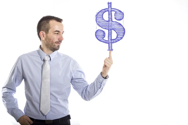 Dollartecken - ung affärsman med blå text — Stockfoto