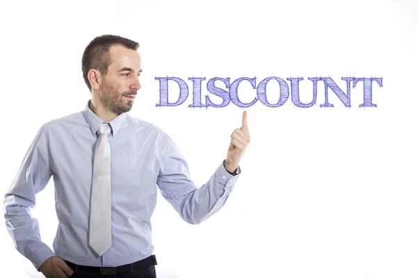 Discount - Young businessman with blue text — Stock Photo, Image