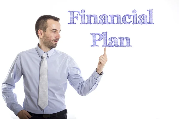 Financial Plan - Young businessman with blue text — Stock Photo, Image