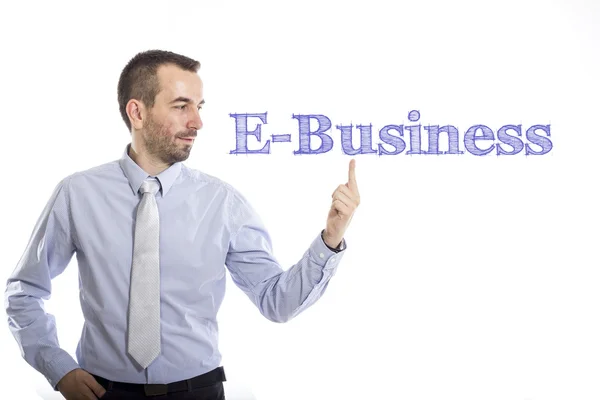 E-obchod - mladý podnikatel s modrým textem — Stock fotografie