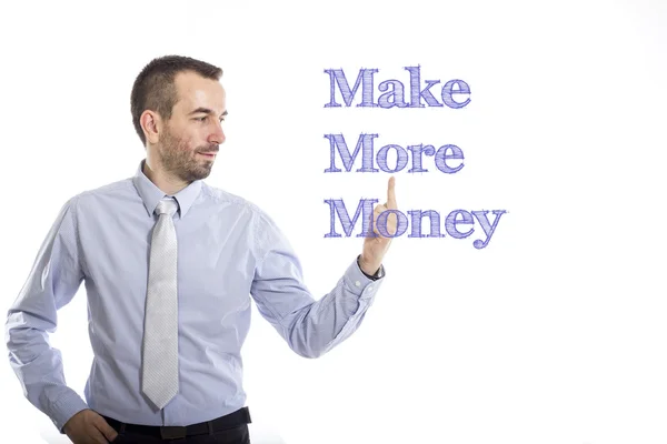 Vydělat více peněz - mladý podnikatel s modrým textem — Stock fotografie