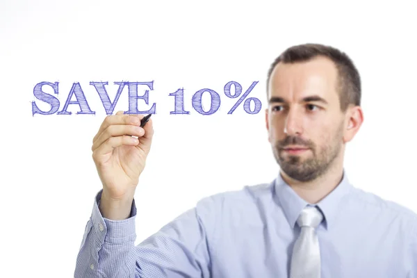 Spara 10 procent - ung affärsman med blå text — Stockfoto