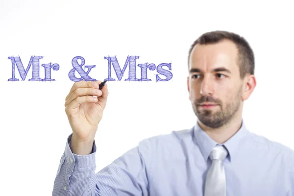 Mr & Mrs - Jovem empresário com texto azul — Fotografia de Stock
