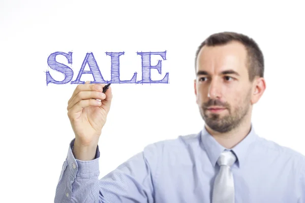 Πώληση - νέος επιχειρηματίας με μπλε κείμενο — Φωτογραφία Αρχείου