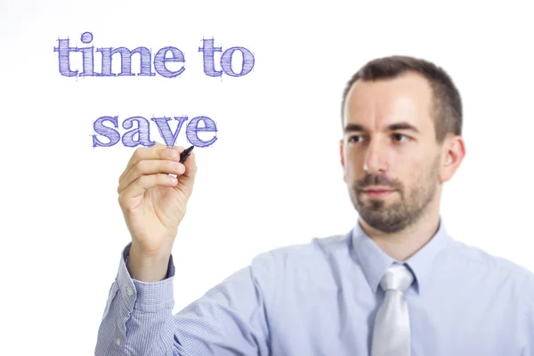 Time to save - Young businessman with blue text — Stock Photo, Image