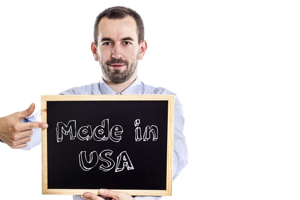 Gemaakt in de VS - jonge zakenman met blackboard — Stockfoto