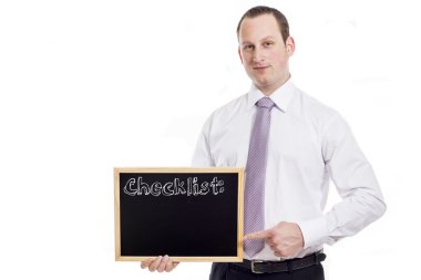 Denetim listesi:-yazı tahtası ile genç işadamı