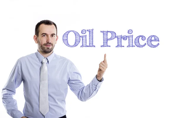 石油价格-蓝色文本的年轻商人 — 图库照片