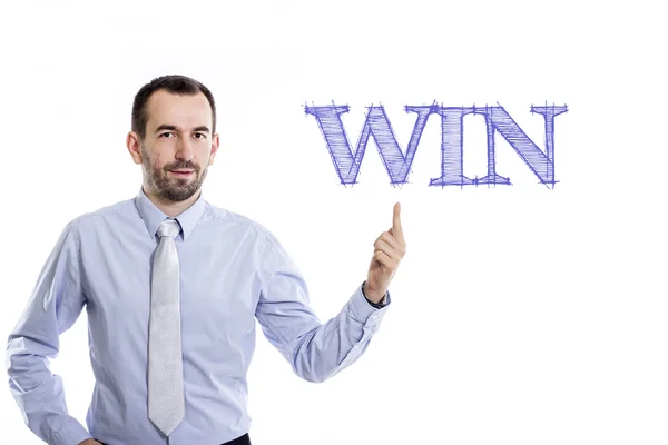 Win - jonge zakenman met blauwe tekst — Stockfoto