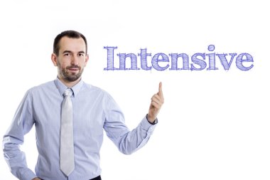 Yoğun - mavi metin ile genç işadamı