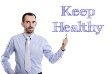 Sağlıklı - mavi metin ile genç iş adamı tutmak