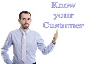 Müşteri - mavi metin ile genç iş adamı biliyorum