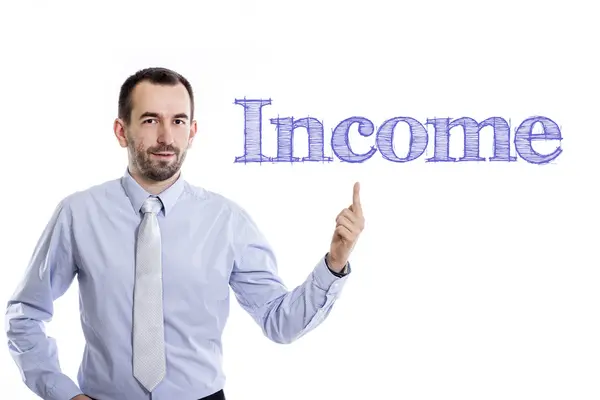 Inkomst - ung affärsman med blå text — Stockfoto