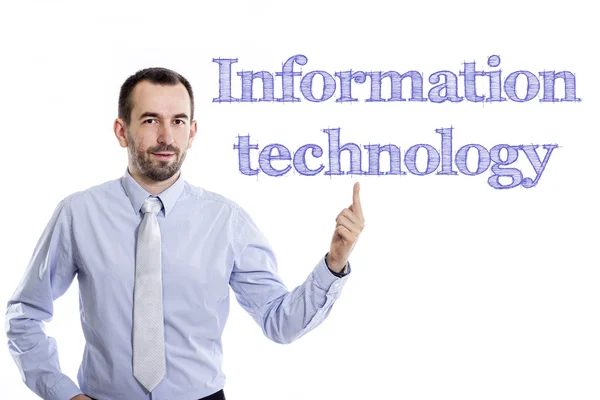 Інформаційні технології - молодий бізнесмен з синім текстом — стокове фото