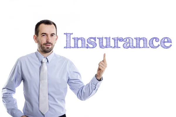 Versicherung - Jungunternehmer mit blauem Text — Stockfoto