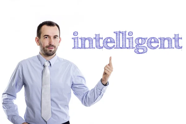 Intelligent - ung affärsman med blå text — Stockfoto