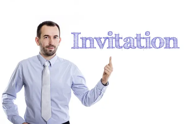 Invitación - Joven hombre de negocios con texto azul —  Fotos de Stock