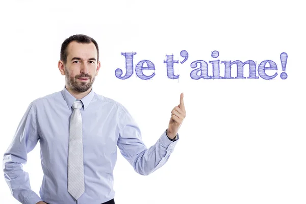 Je t 'aime! - Jungunternehmer mit blauem Text — Stockfoto