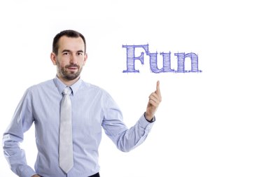 Eğlence - mavi metin ile genç işadamı