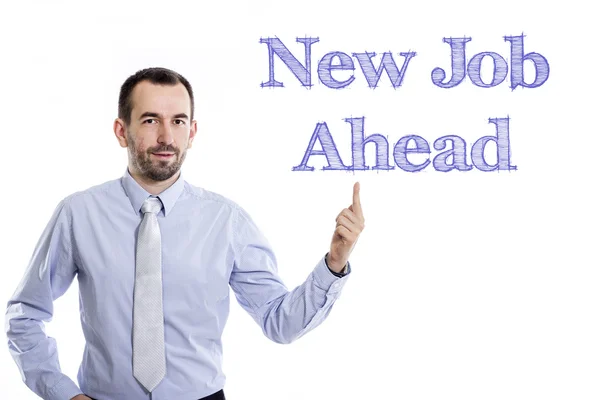 New Job Forward - молодий бізнесмен з синім текстом — стокове фото