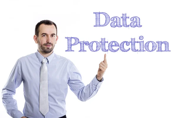 Protección de datos - Joven hombre de negocios con texto azul —  Fotos de Stock